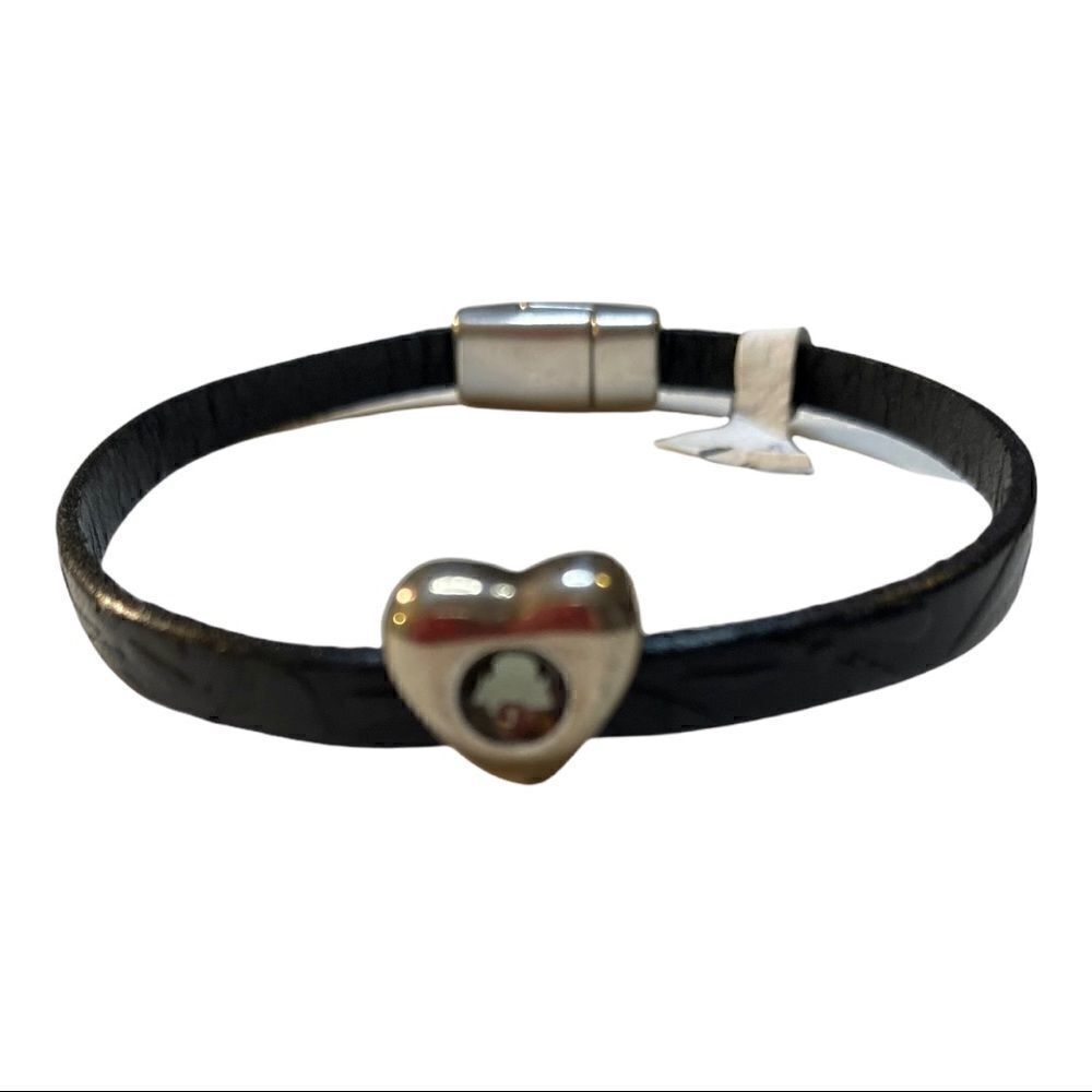 Thin Black Leather Heart Pendant Bracelet. Heart has a Crystal In The Center.